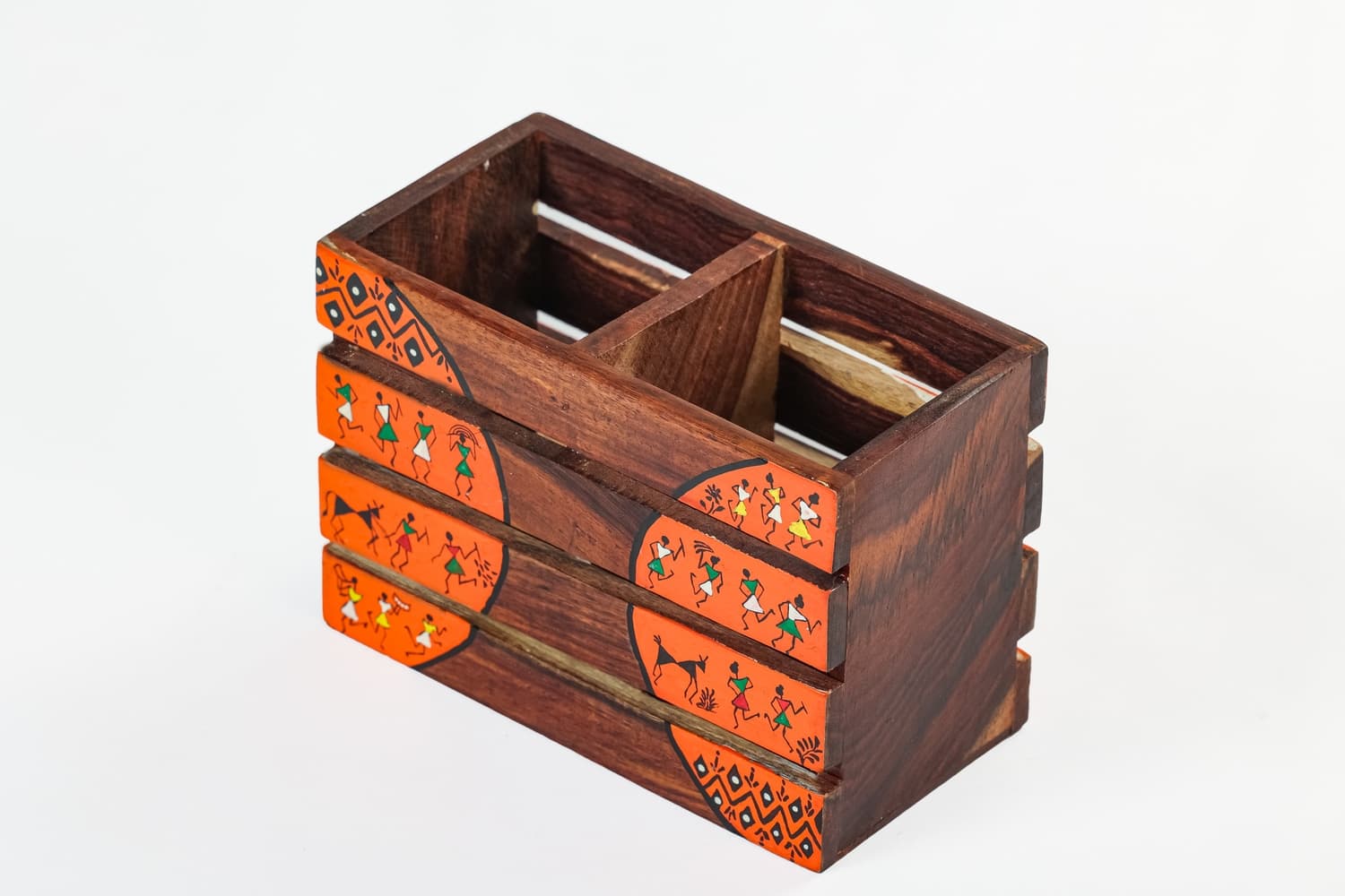 Aalokya Teak Wood Cutlery Holder – Worli Orange (Big)