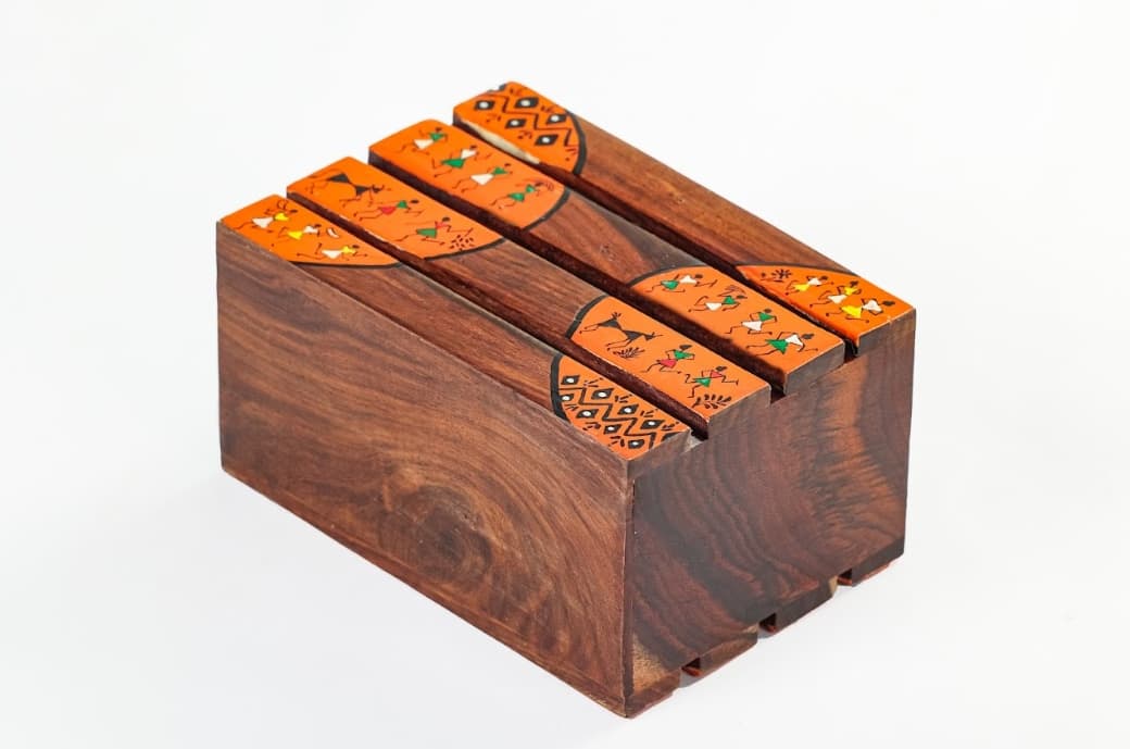 Aalokya Teak Wood Cutlery Holder – Worli Orange (Small)