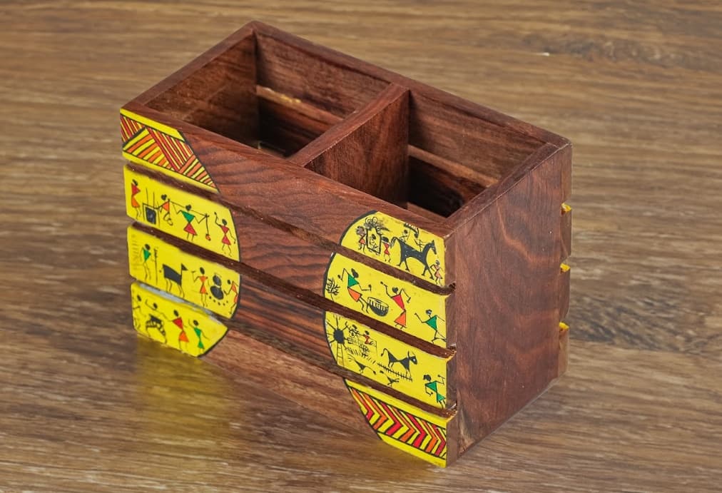 Aalokya Teak Wood Cutlery Holder – Worli Yellow (Small)
