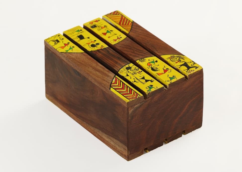 Aalokya Teak Wood Cutlery Holder – Worli Yellow (Small)