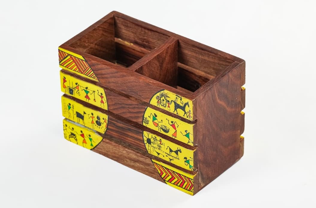 Aalokya Teak Wood Cutlery Holder – Worli Yellow (Small)
