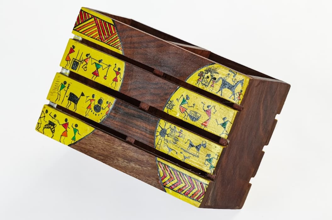 Aalokya Teak Wood Cutlery Holder – Worli Yellow (Small)