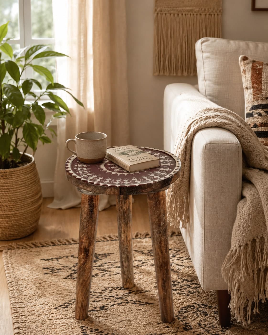 Aarunya Mango Wood Side Stool – Warli Brown & White