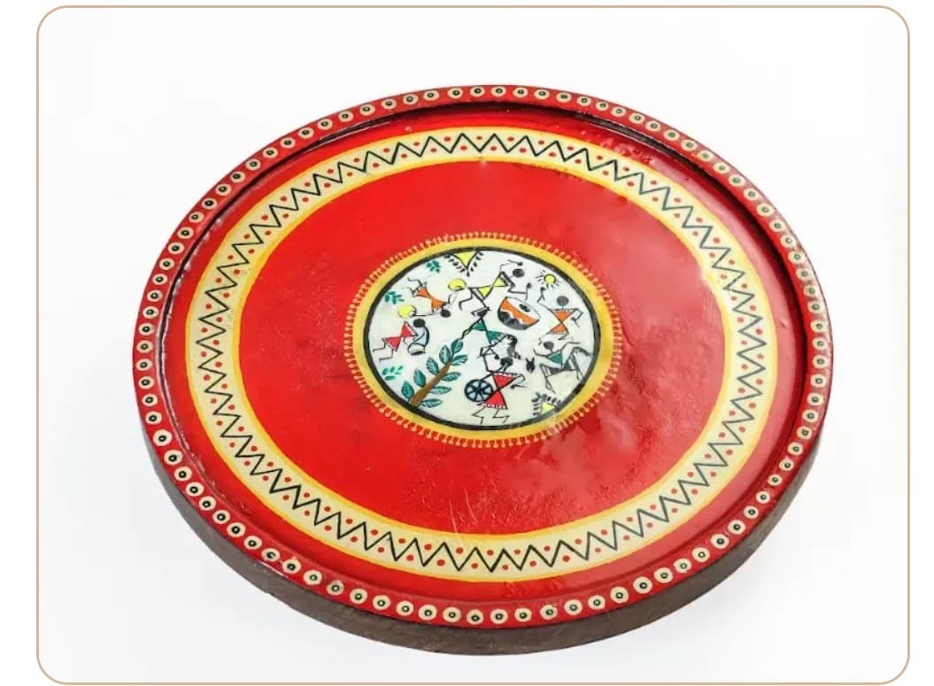 Aarunya Mango Wood Side Stool – Warli Red & White