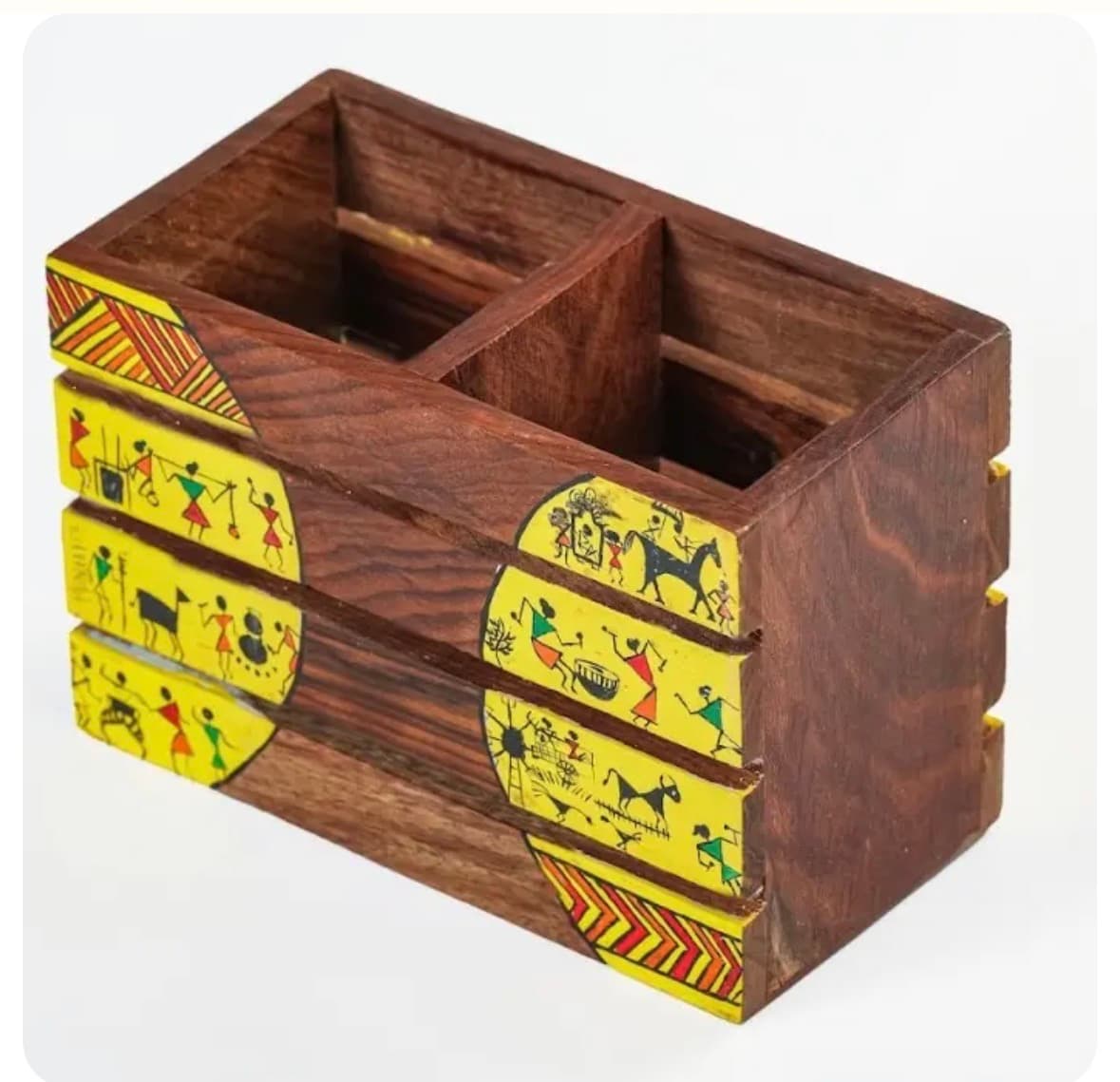 Aalokya Teak Wood Cutlery Holder – Warli Yellow (Small)