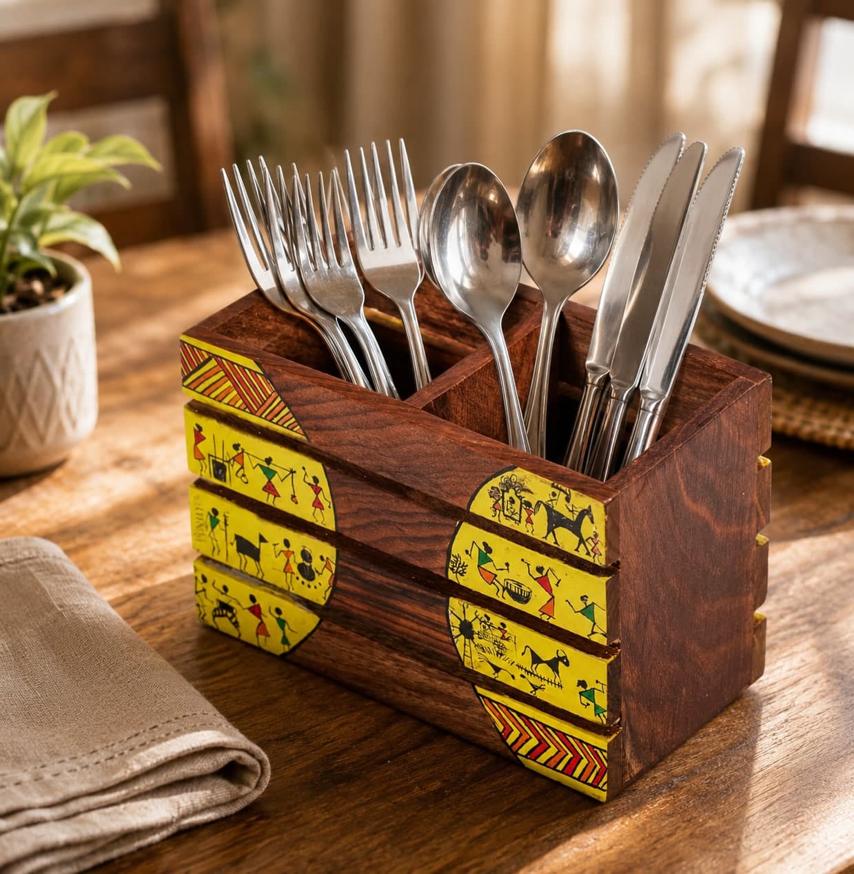 Aalokya Teak Wood Cutlery Holder – Warli Yellow (Small)