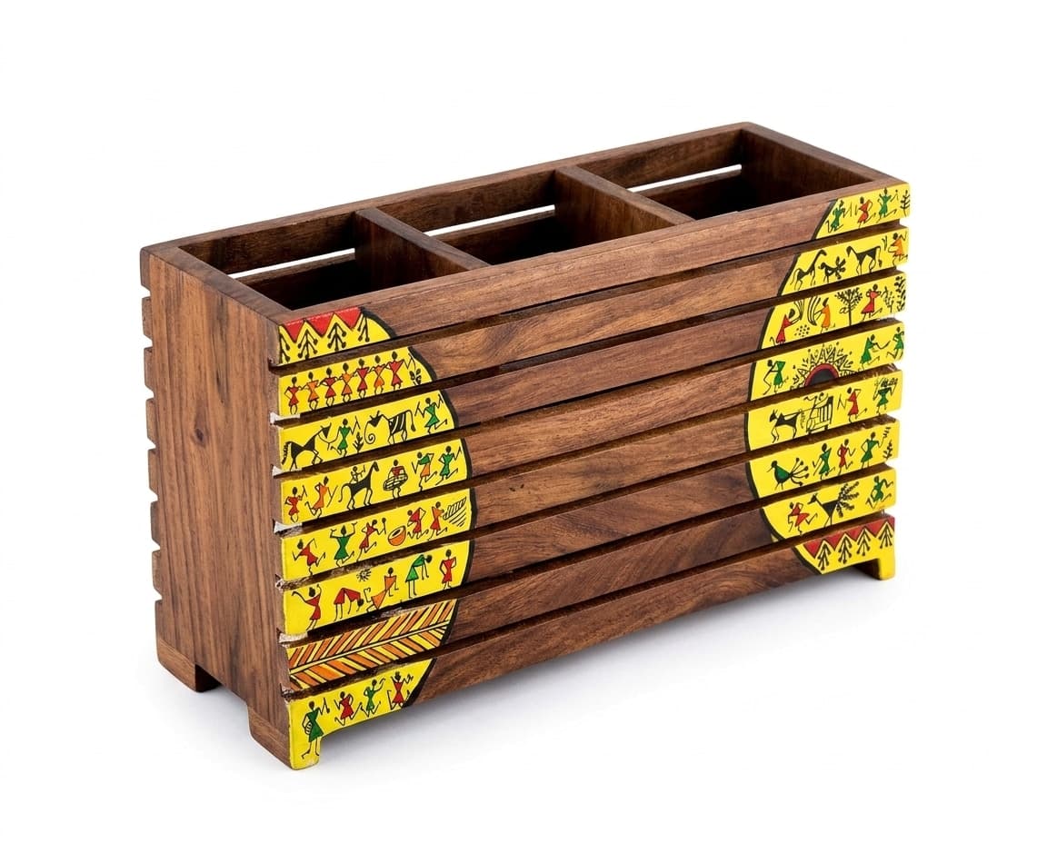 Aalokya Teak Wood Cutlery Holder – Warli Yellow (Big)