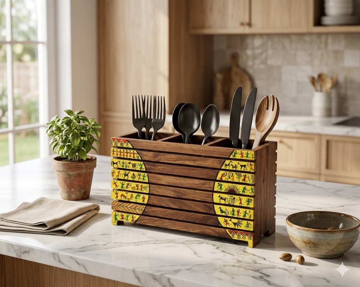 Aalokya Teak Wood Cutlery Holder – Warli Yellow (Big)