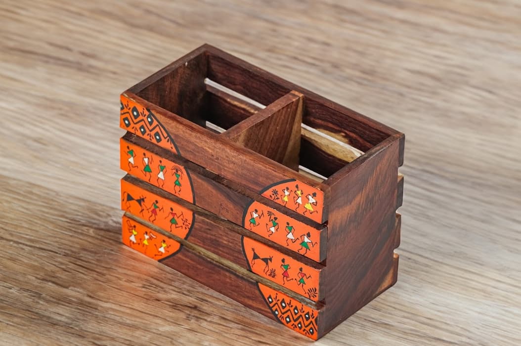 Aalokya Teak Wood Cutlery Holder – Warli Orange (Small)