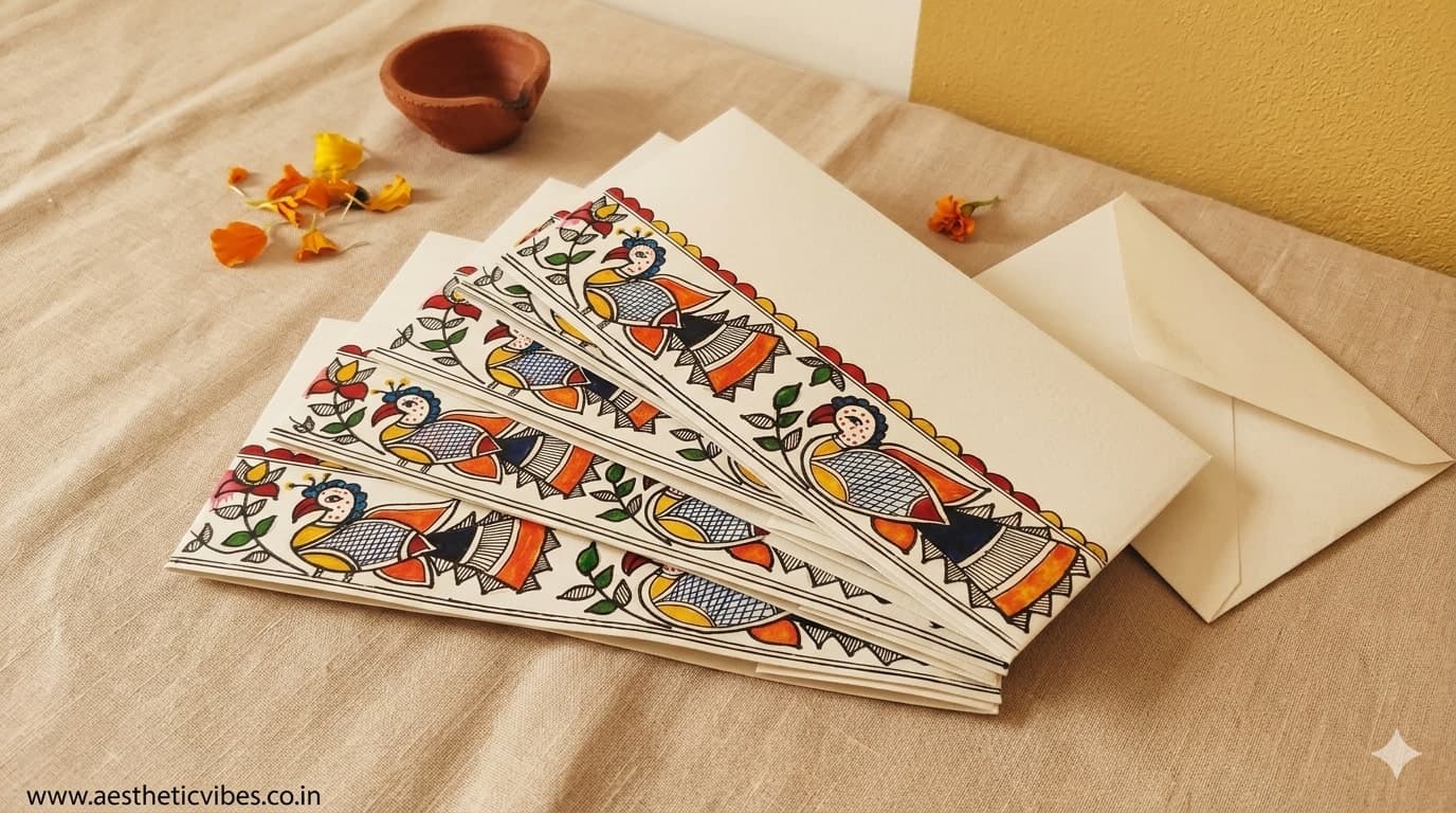 Hand-Painted Madhubani Peacock Gift Envelopes — Set Of 5