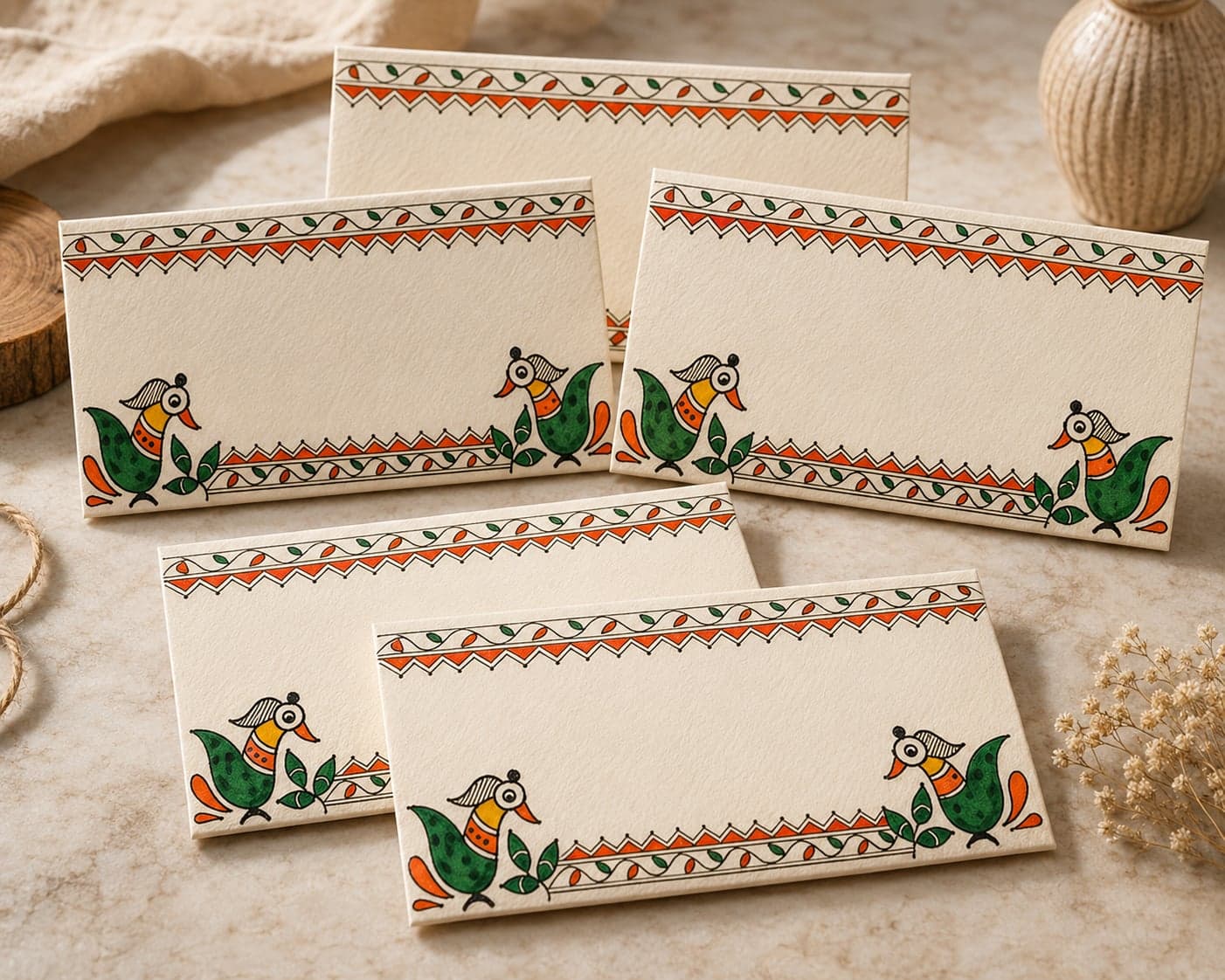 Hand-Painted Peacock & Vine Border Gift Envelope –  (Set Of 5)