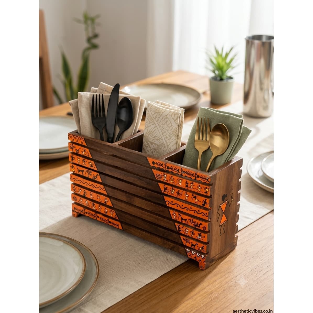 Aalokya Teak Wood Cutlery Holder – Warli Orange (Big)