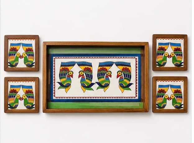 “Rangriti Teak Wood Tray With 4 Coasters – Madhubani Double Peacock Pair”