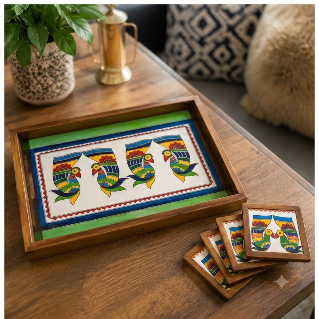 “Rangriti Teak Wood Tray With 4 Coasters – Madhubani Double Peacock Pair”