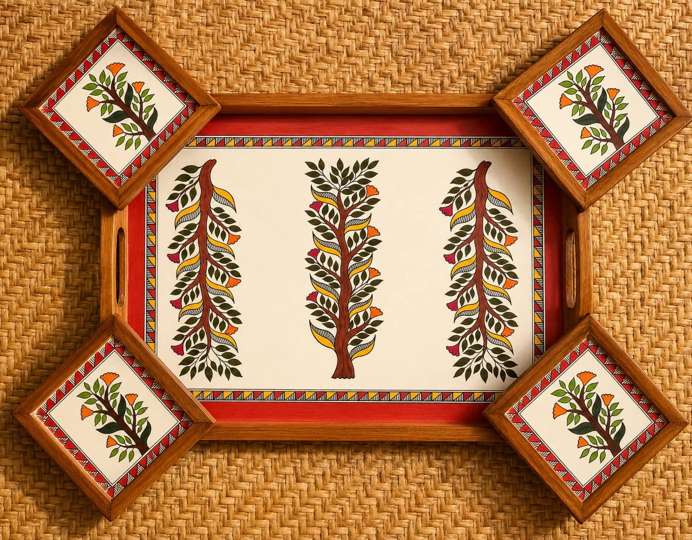 Rangriti Teak Wood Tray With 4 Coasters – Madhubani Tree Of Life