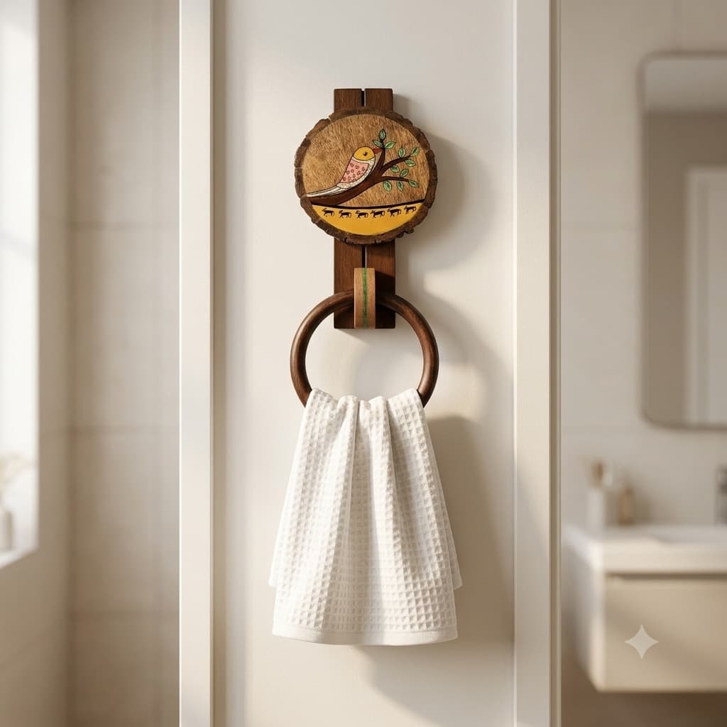 “Madhubani Songbird & Deer” Wooden Towel Ring