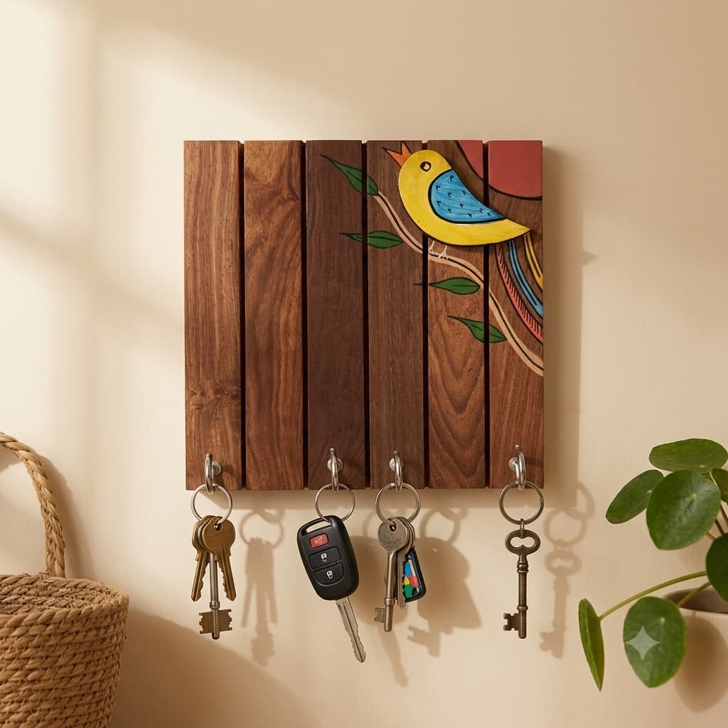 The Perch — Hand-Painted Bird Key Holder (4 Hooks)