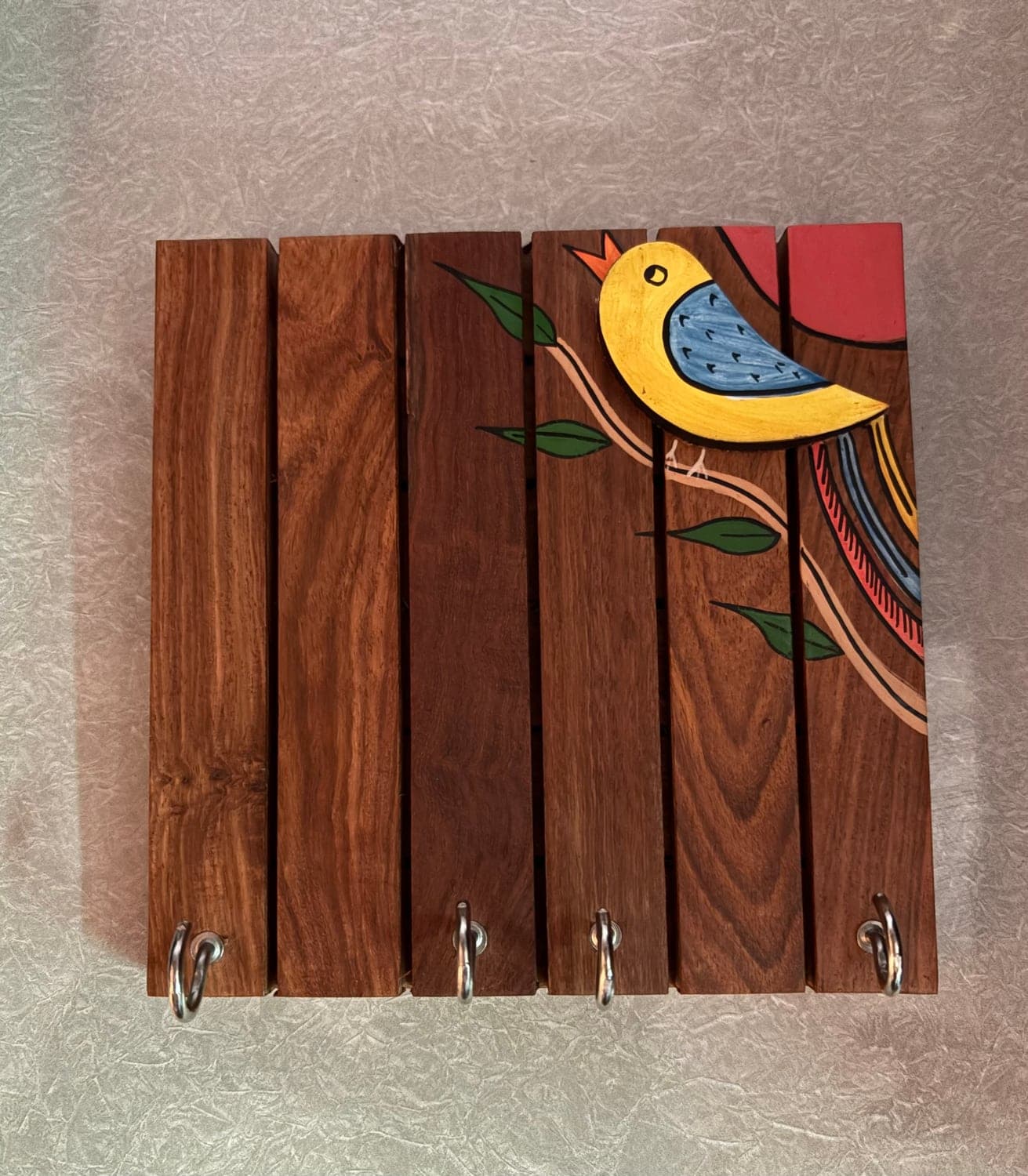 The Perch — Hand-Painted Bird Key Holder (4 Hooks)