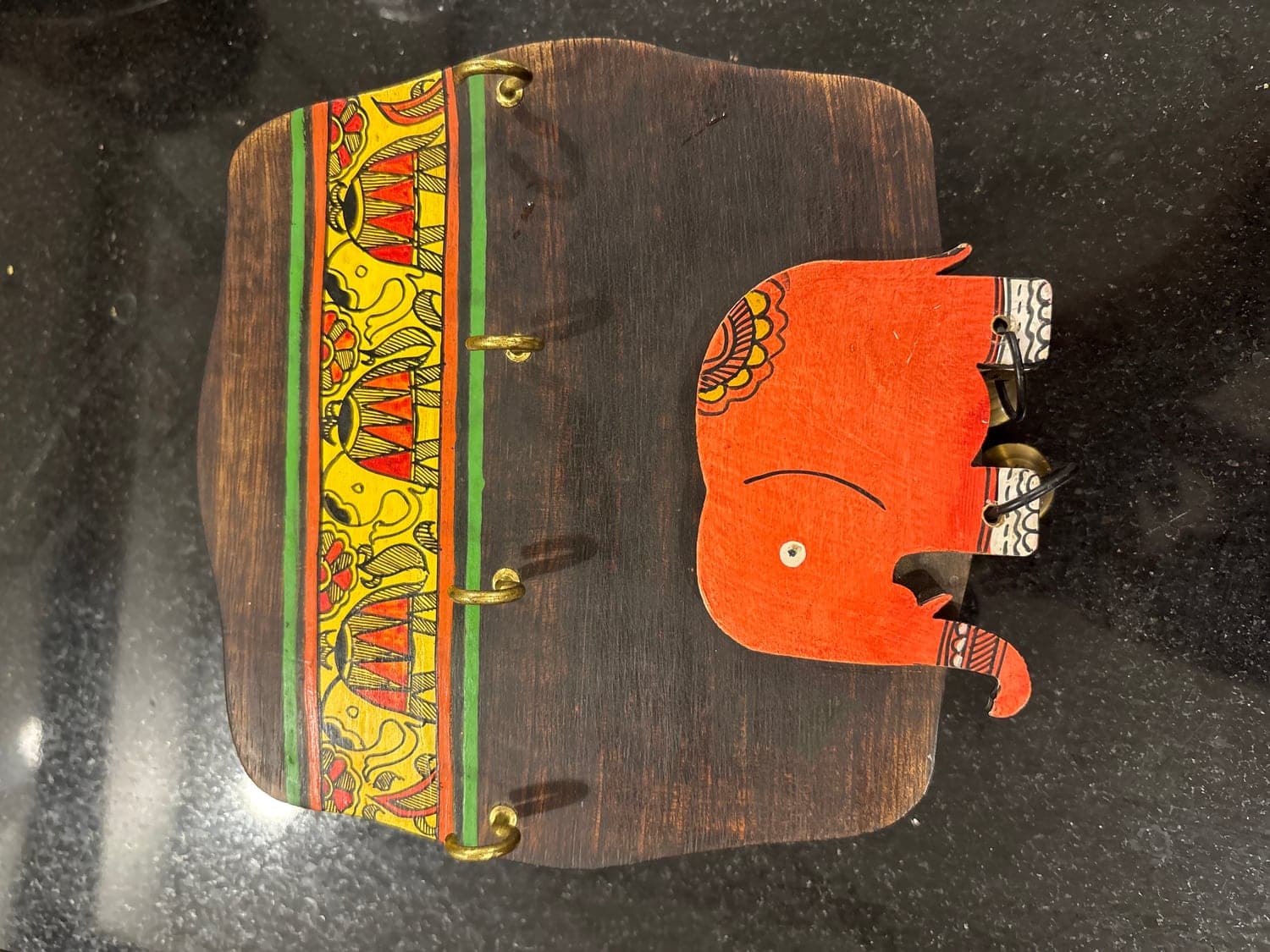 “Handcrafted Wooden Key Holder For Wall – Hand-Painted Elephant Design With 4 Brass Hooks & 2 Brass Bells”
