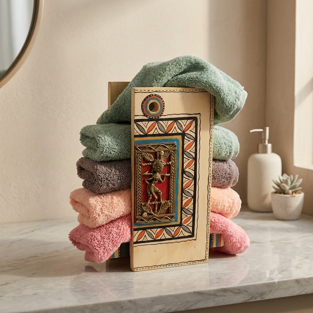 Wooden Hand Towel Holder With Brass Dhokra Work – Bastar Chhattisgarh Handicraft