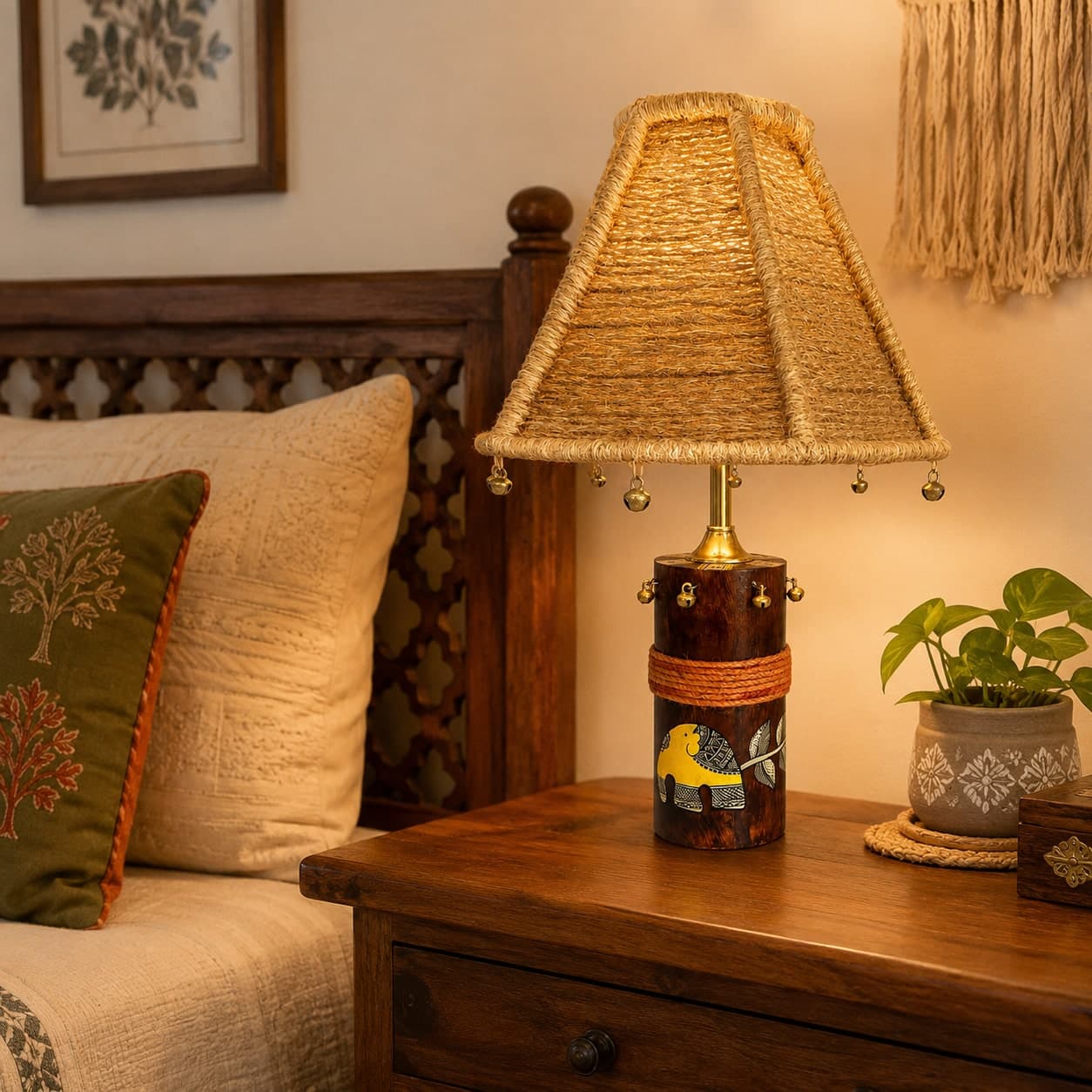 Madhubani Elephant Table Lamp — Solid Wood Base, Jute-Wrapped Shade & Cowrie Shell Accents