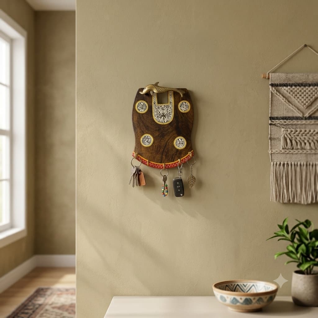 Matsya Charm — Hand-Painted Wooden Key Holder With Solid Brass Fish Hook