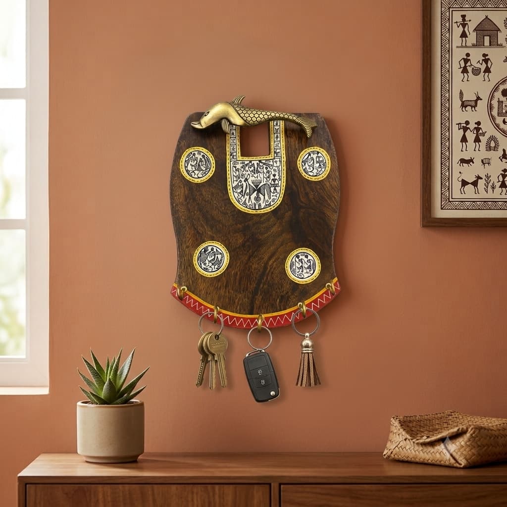Matsya Charm — Hand-Painted Wooden Key Holder With Solid Brass Fish Hook