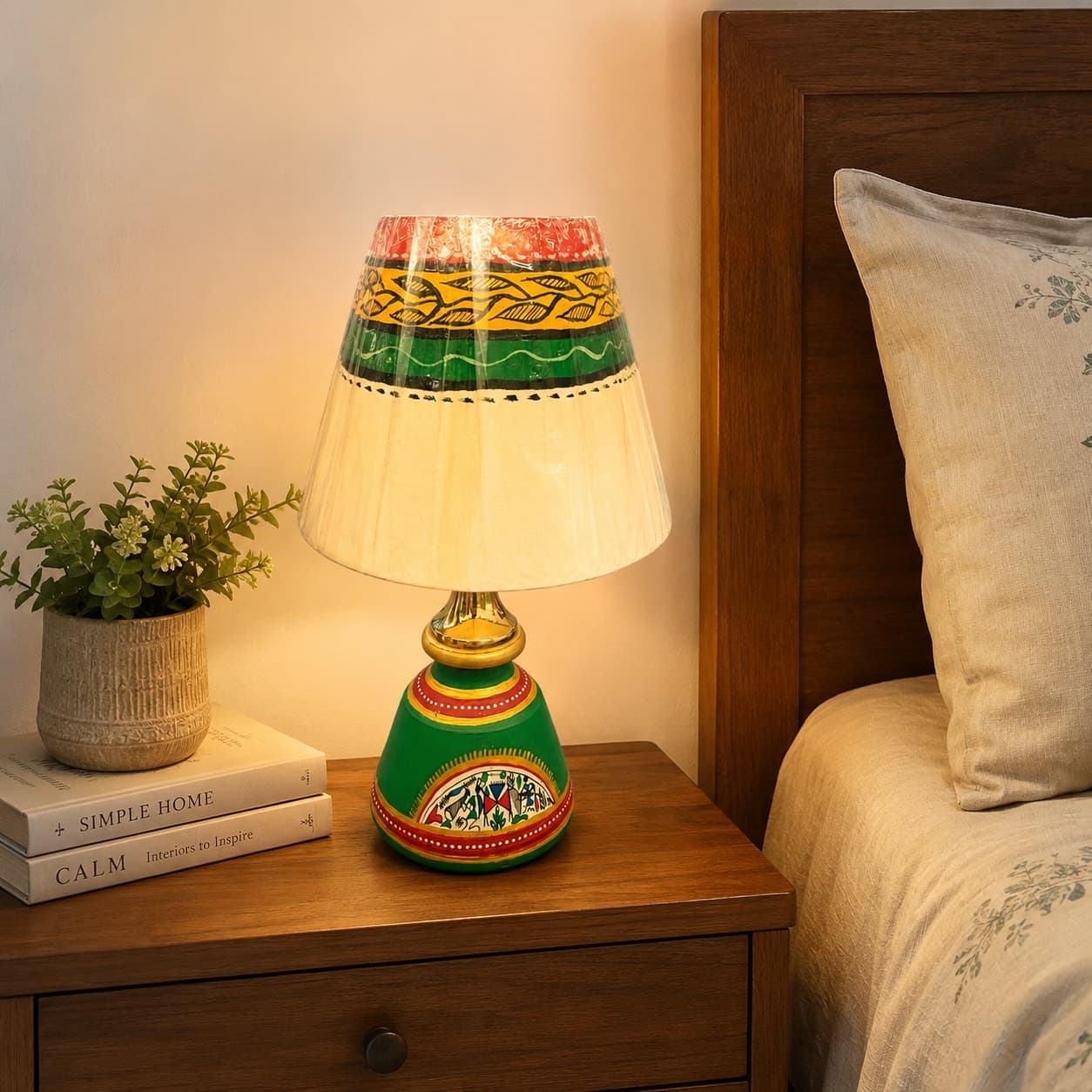 Handpainted Terracotta Table Lamp – Green Base With Warli Art & Tribal Print Shade