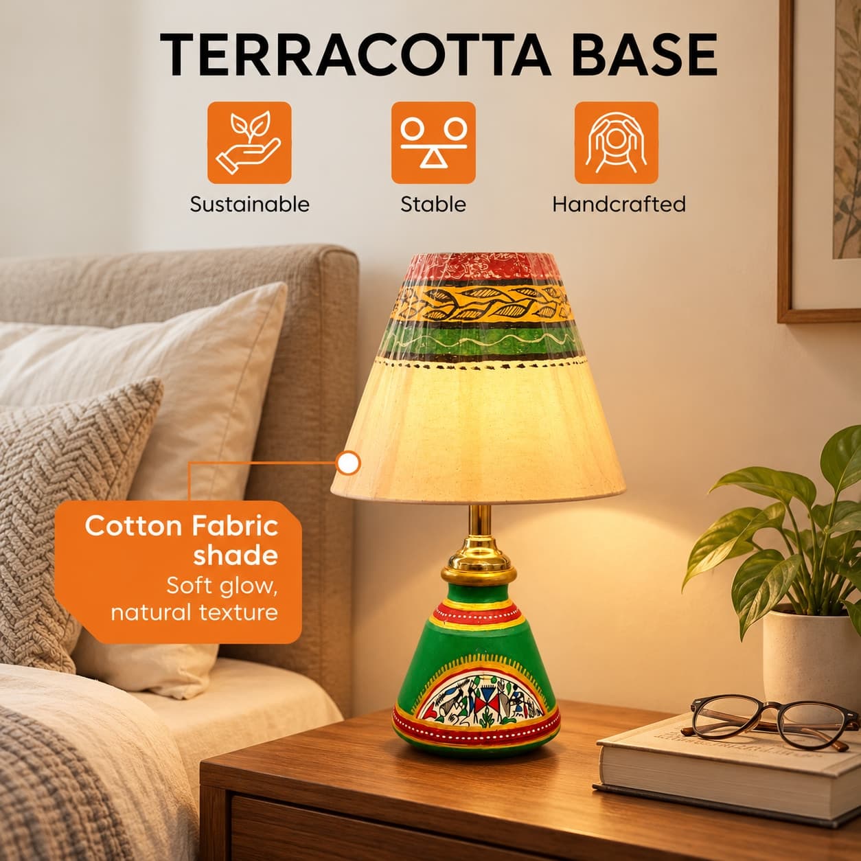 Handpainted Terracotta Table Lamp – Green Base With Warli Art & Tribal Print Shade