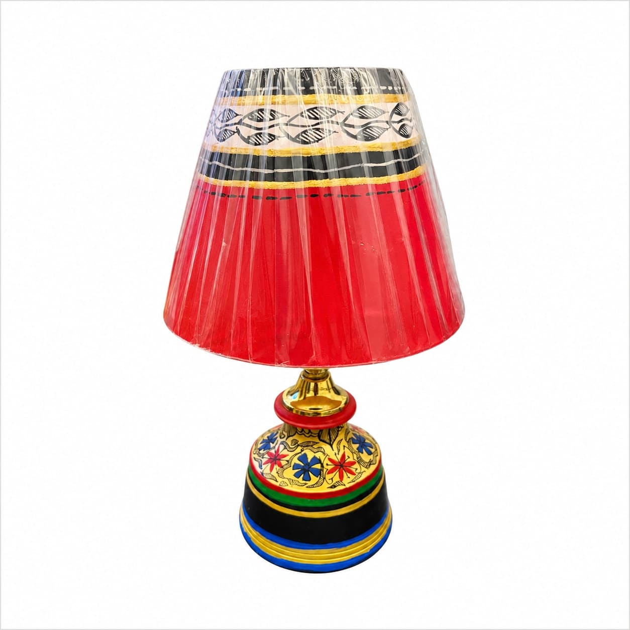 Handpainted Terracotta Table Lamp With  Red Shade – Madhubani Style Floral Base