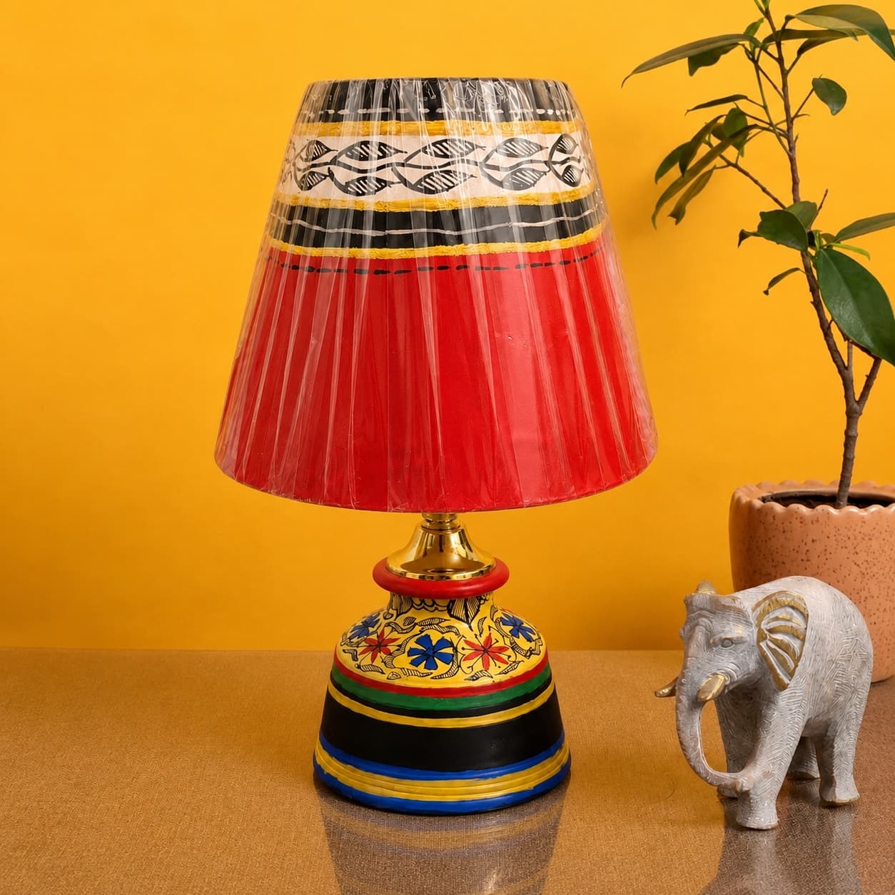 Handpainted Terracotta Table Lamp With  Red Shade – Madhubani Style Floral Base