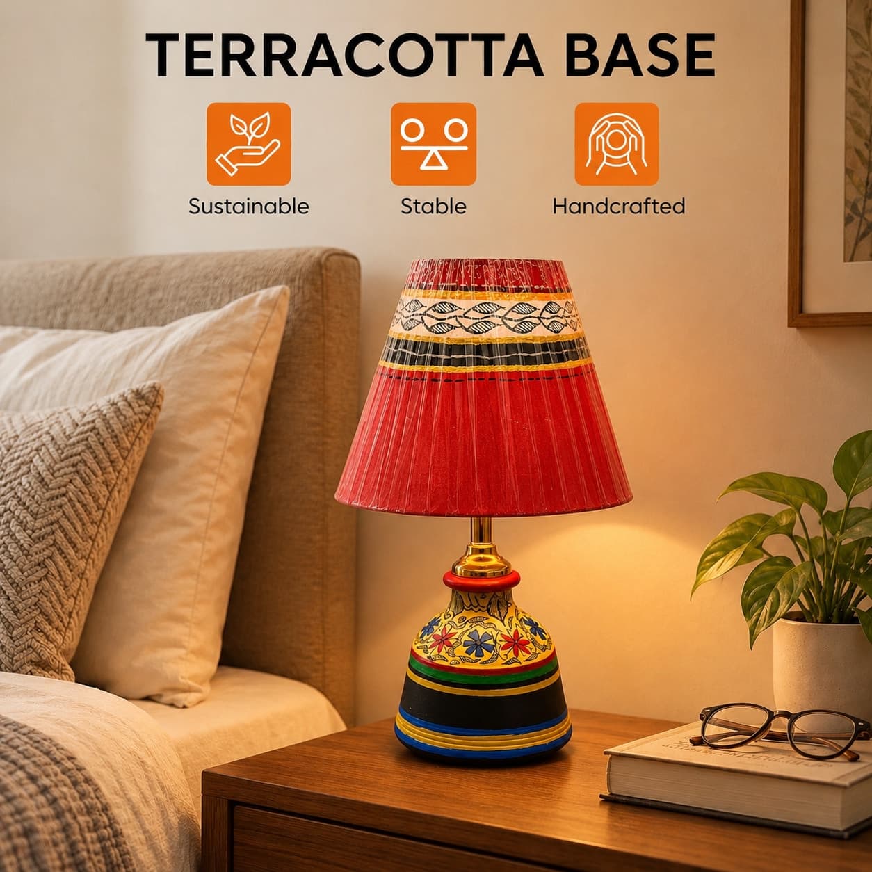 Handpainted Terracotta Table Lamp With  Red Shade – Madhubani Style Floral Base