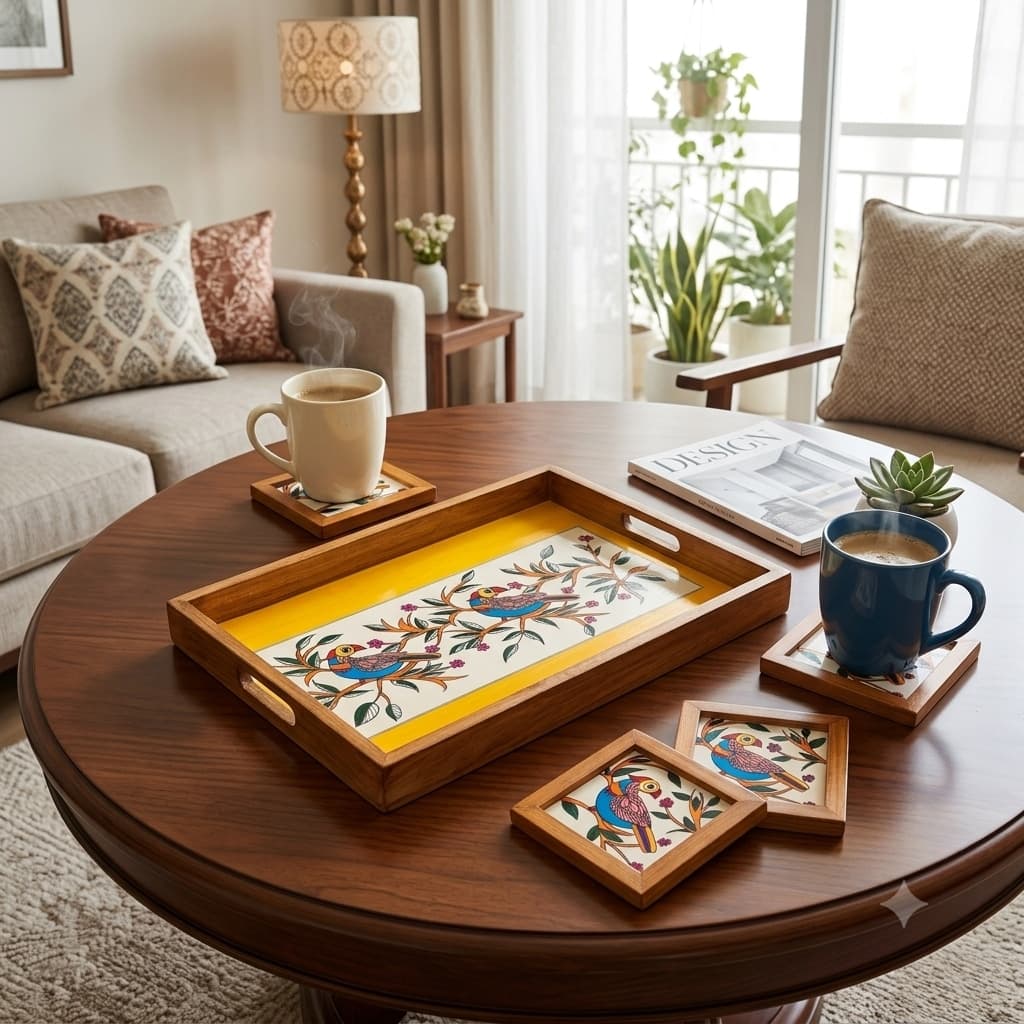 Rangriti Teak Wood Tray With 4 Coasters – Madhubani Bird Blossom