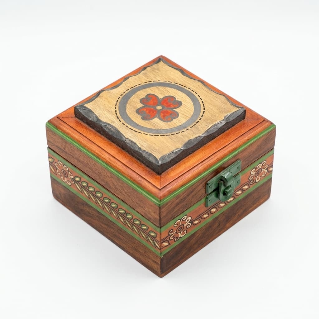 “Rangoli Mango Wood Jewelry Box – Hand-Painted Floral Motif With Brass Latch”