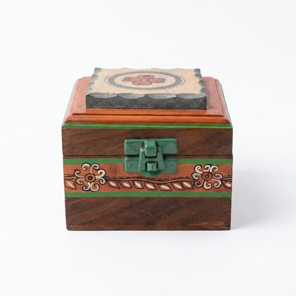 “Rangoli Mango Wood Jewelry Box – Hand-Painted Floral Motif With Brass Latch”