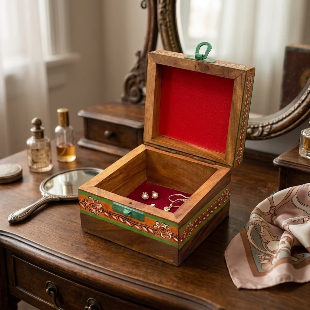 “Rangoli Mango Wood Jewelry Box – Hand-Painted Floral Motif With Brass Latch”