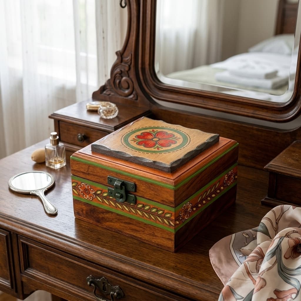 “Rangoli Mango Wood Jewelry Box – Hand-Painted Floral Motif With Brass Latch”