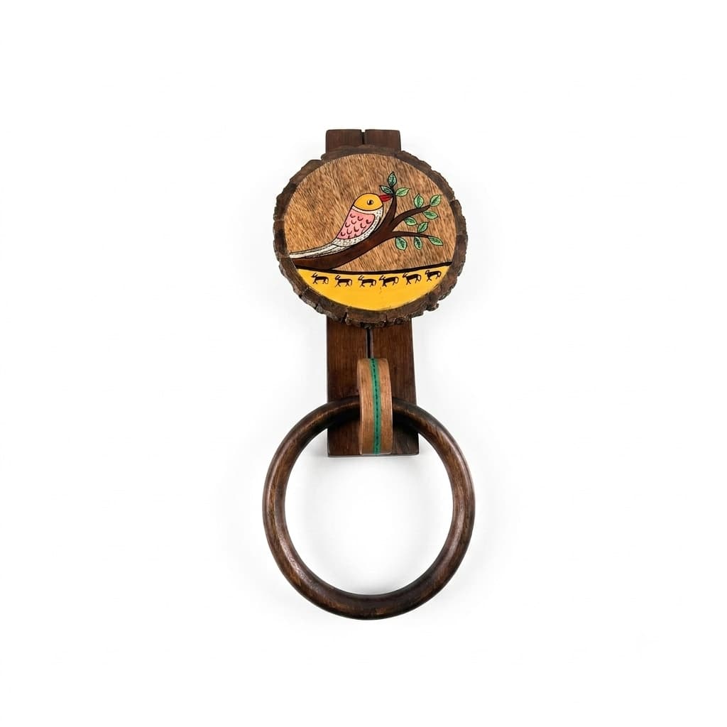 “Madhubani Songbird & Deer” Wooden Towel Ring