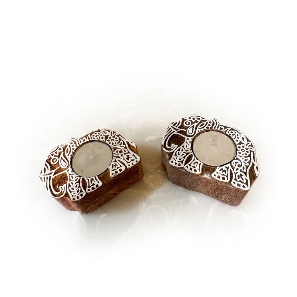 Hand-Carved Wooden Elephant Tealight Candle Holders (Set Of 2) – Rustic Mango Wood Diyas For Diwali, Home Decor & Gifting