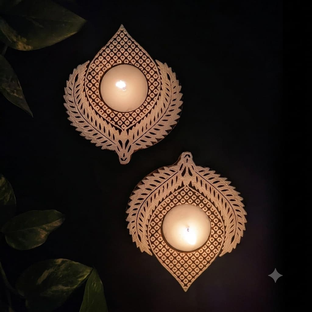 Hand-Carved Wooden Lotus Petal Tealight Holders (Set Of 2) – Mango Wood Diya Candle Holders, Boho Decor For Diwali & Festive Home Styling