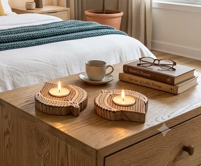 Hand-Carved Wooden Lotus Petal Tealight Holders (Set Of 2) – Mango Wood Diya Candle Holders, Boho Decor For Diwali & Festive Home Styling