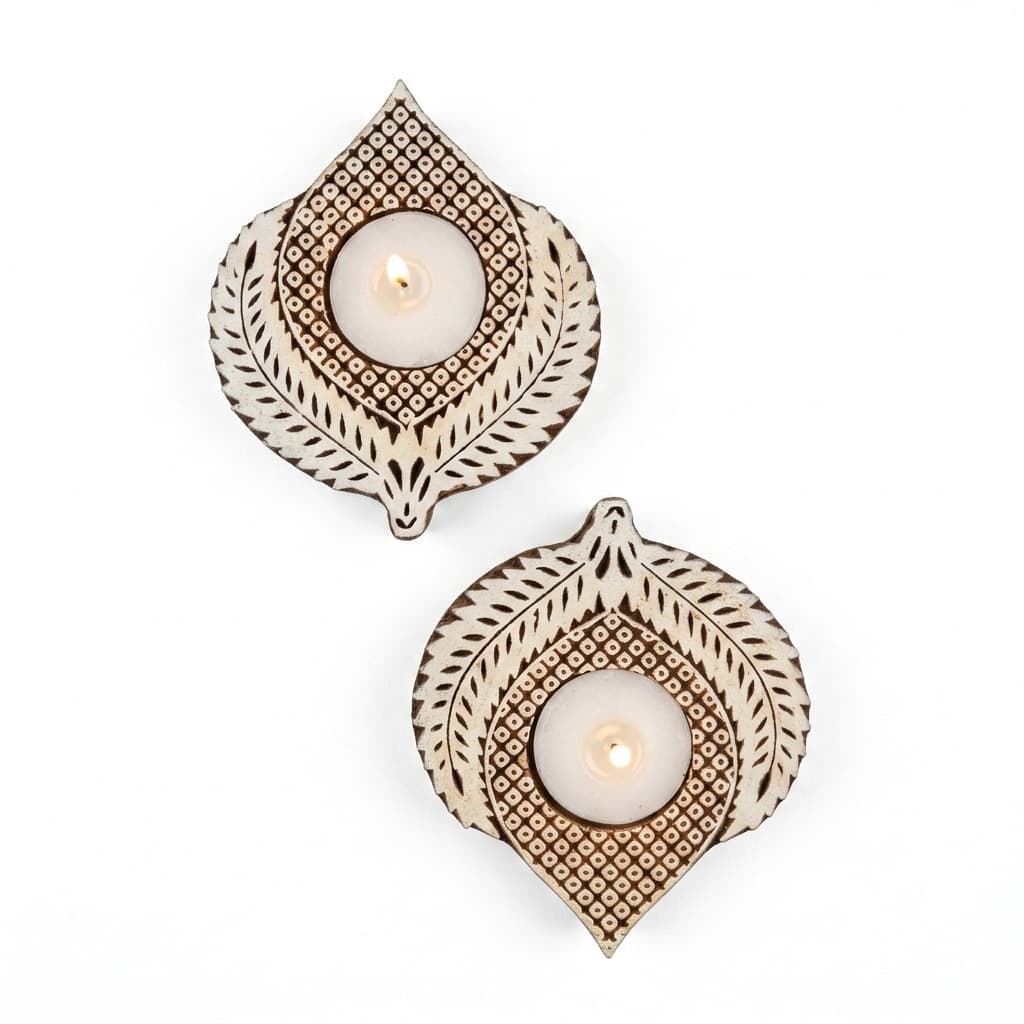 Hand-Carved Wooden Lotus Petal Tealight Holders (Set Of 2) – Mango Wood Diya Candle Holders, Boho Decor For Diwali & Festive Home Styling