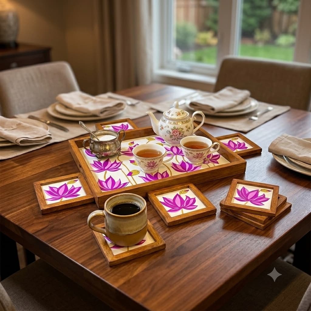 Rangriti Handpainted Teak Wood Lotus Serving Tray with 4 Coasters – Water-Resistant Pink Floral Tea/Coffee Tray Set for Dining, Home Décor & Gifting