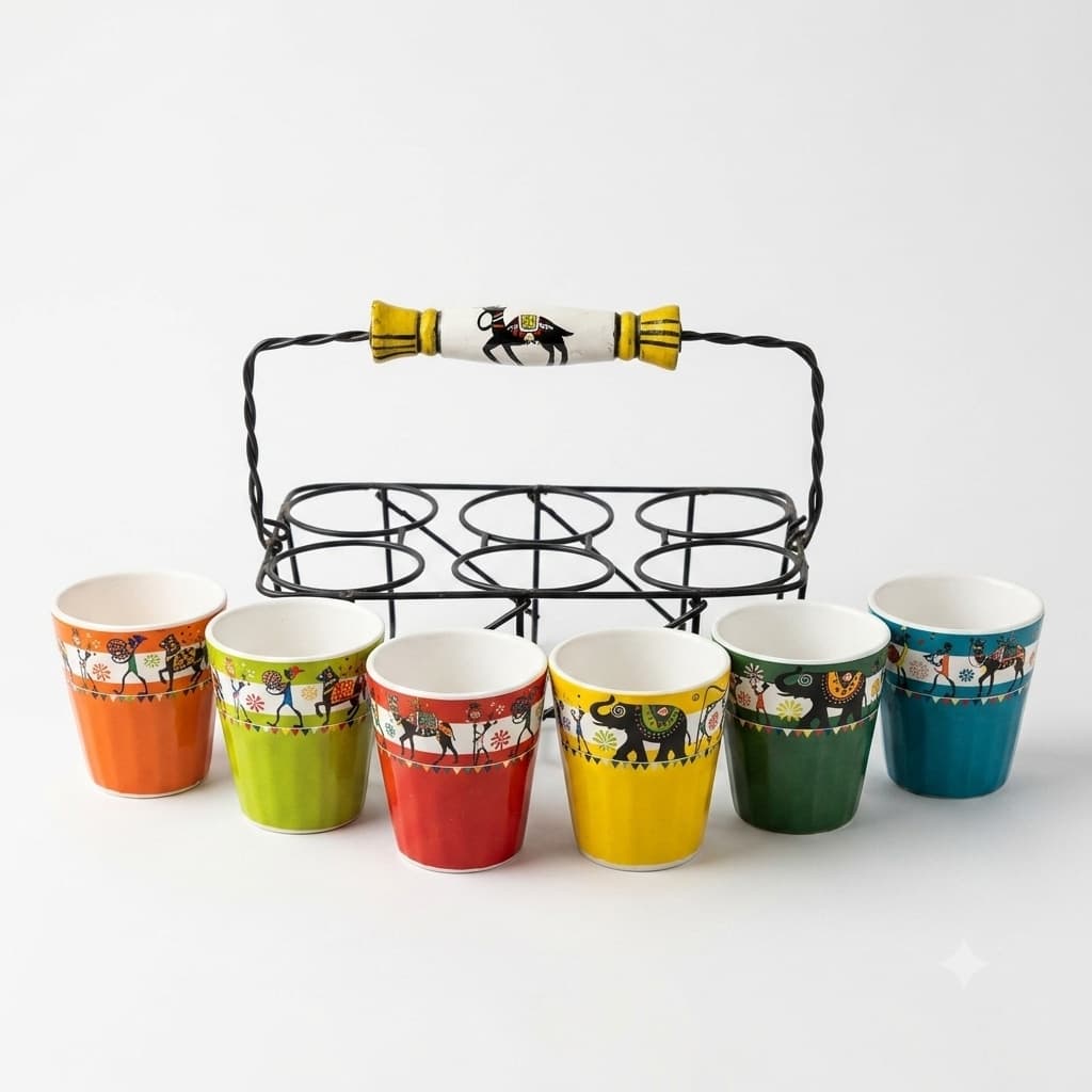 Rangotsav Hand-Painted Ceramic Chai Cutting Set (6 Cups + Iron Caddy) – Colourful Indian Folk Art Elephant-Handle Tea Serving Set For Home, Café & Gifting