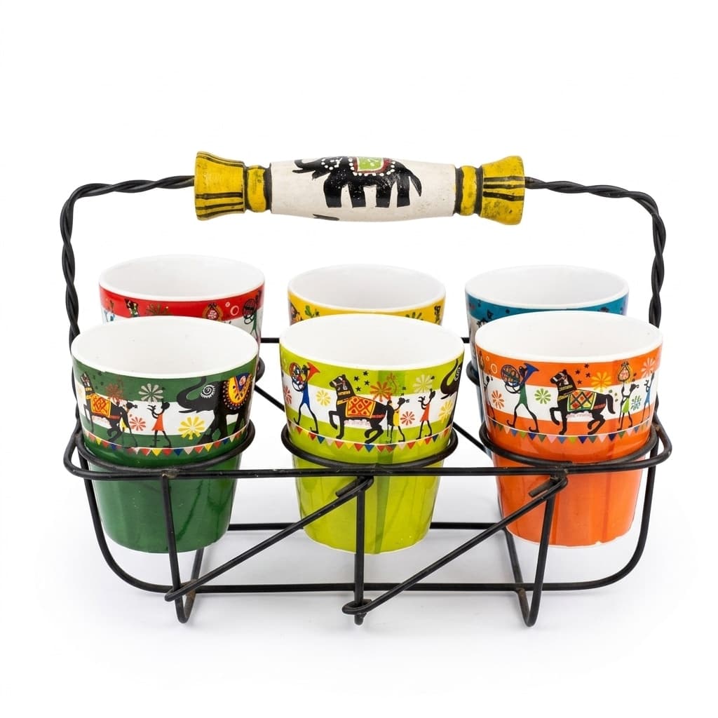Rangotsav Hand-Painted Ceramic Chai Cutting Set (6 Cups + Iron Caddy) – Colourful Indian Folk Art Elephant-Handle Tea Serving Set For Home, Café & Gifting