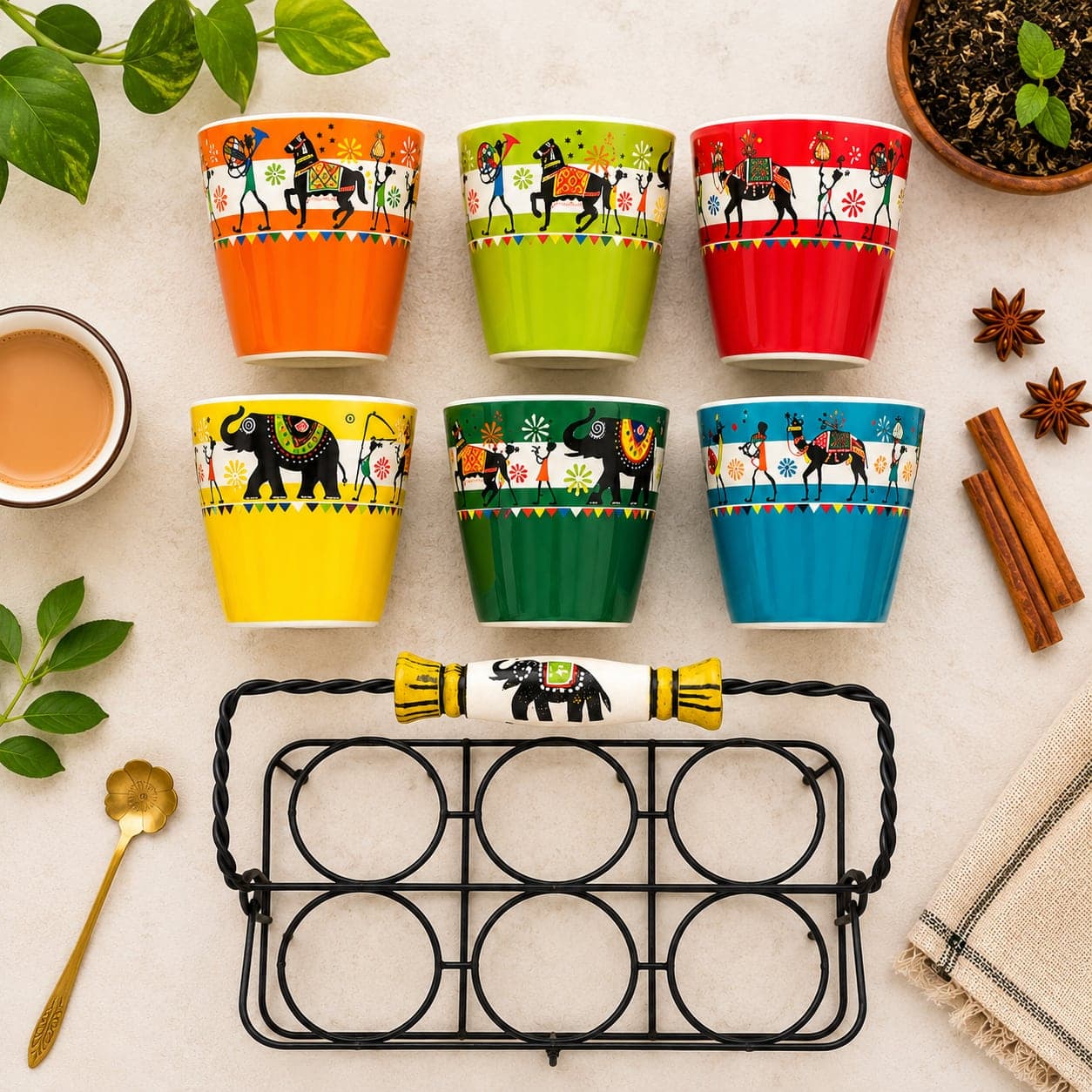 Rangotsav Hand-Painted Ceramic Chai Cutting Set (6 Cups + Iron Caddy) – Colourful Indian Folk Art Elephant-Handle Tea Serving Set For Home, Café & Gifting