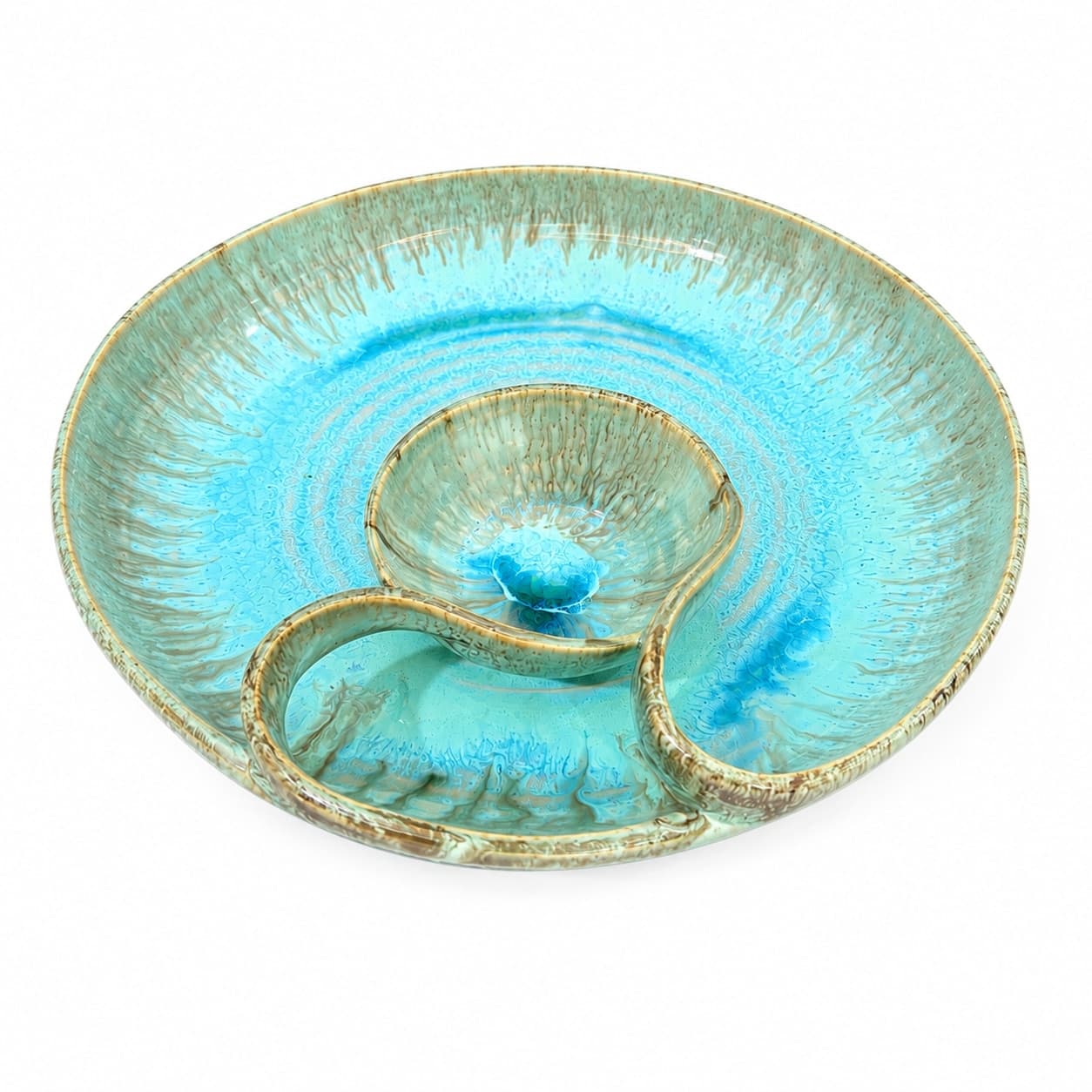 Sagarika Ceramic Chip & Dip Serving Platter – Ocean Blue Reactive Glaze (Attached Bowl)