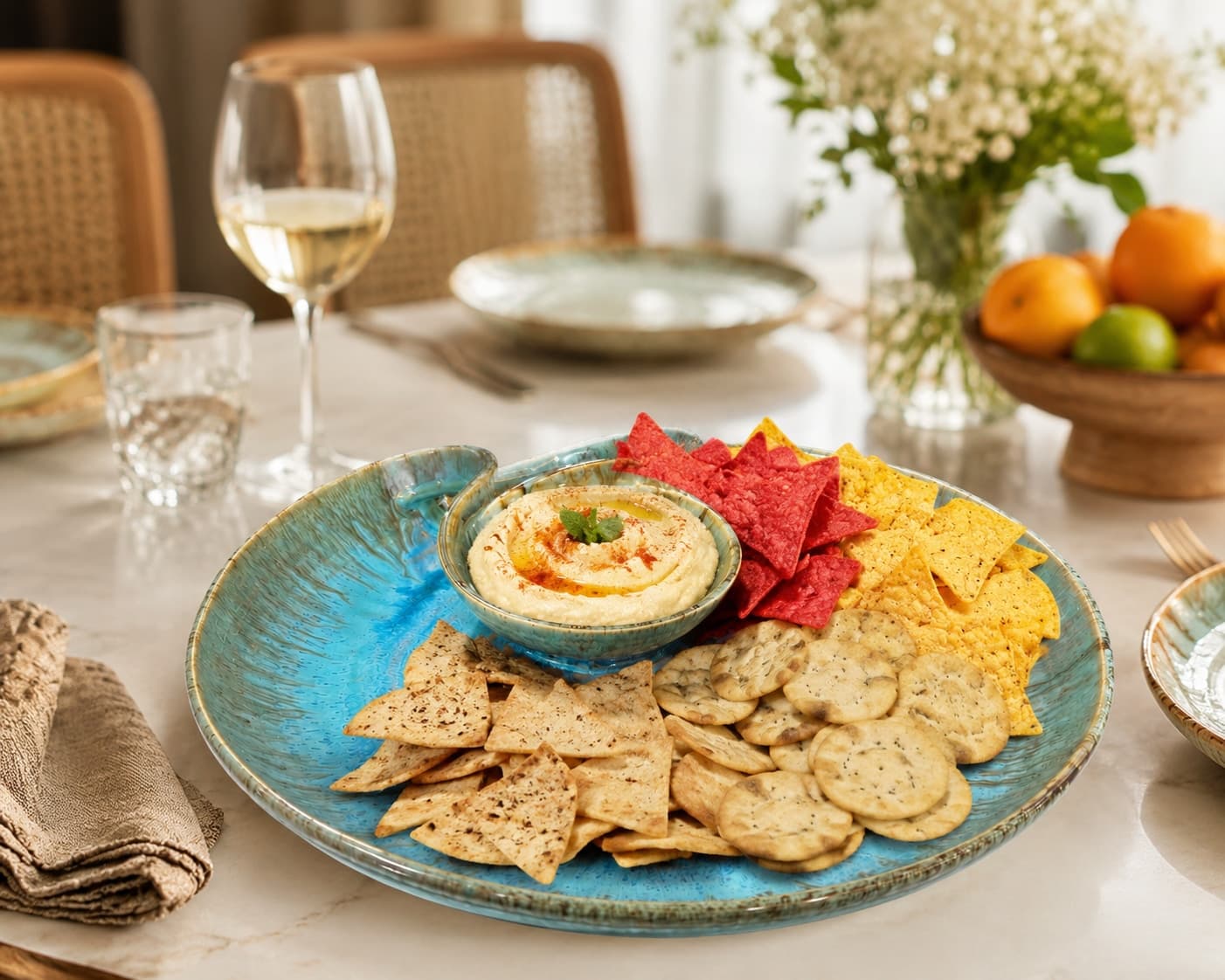 Sagarika Ceramic Chip & Dip Serving Platter – Ocean Blue Reactive Glaze (Attached Bowl)