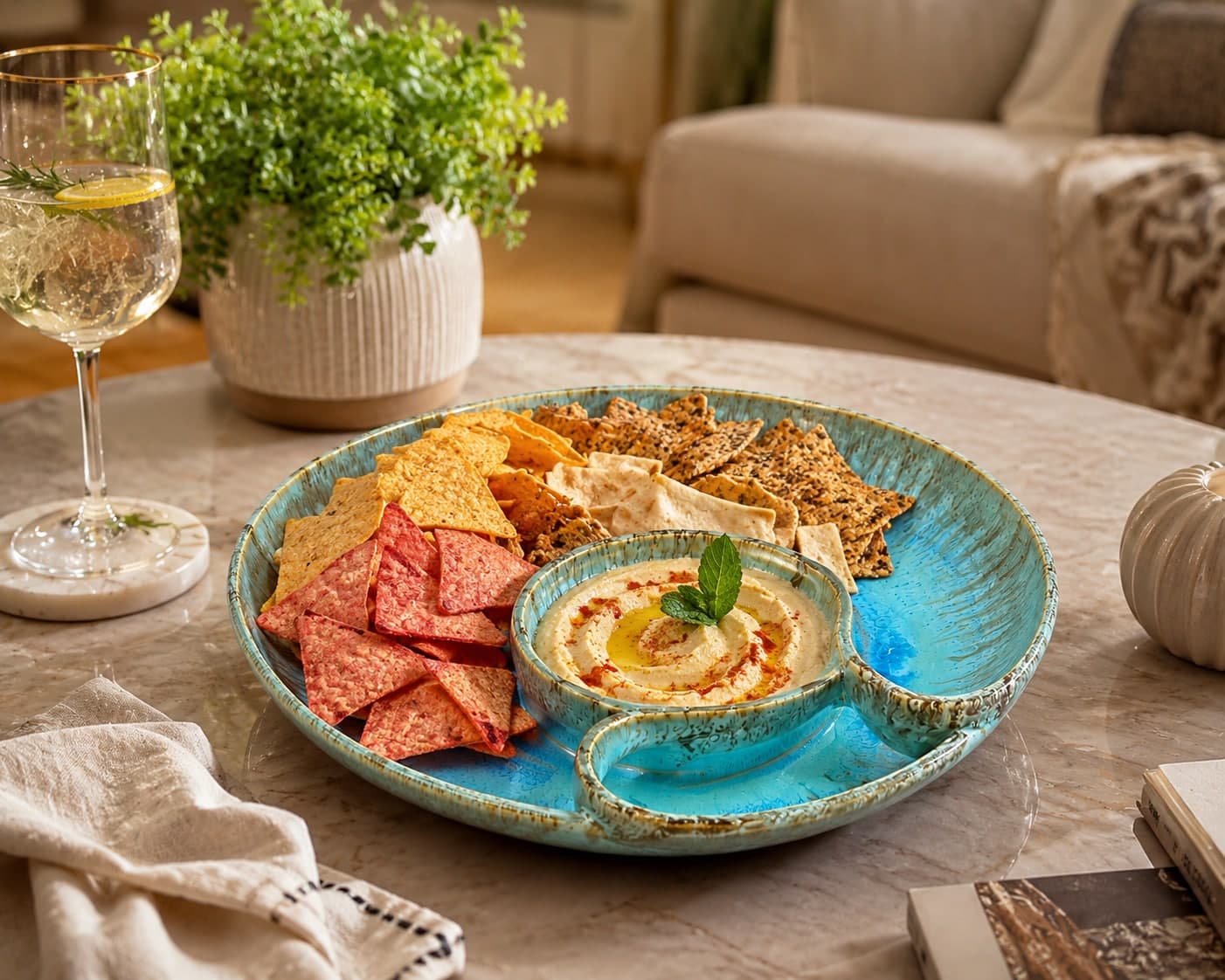 Sagarika Ceramic Chip & Dip Serving Platter – Ocean Blue Reactive Glaze (Attached Bowl)
