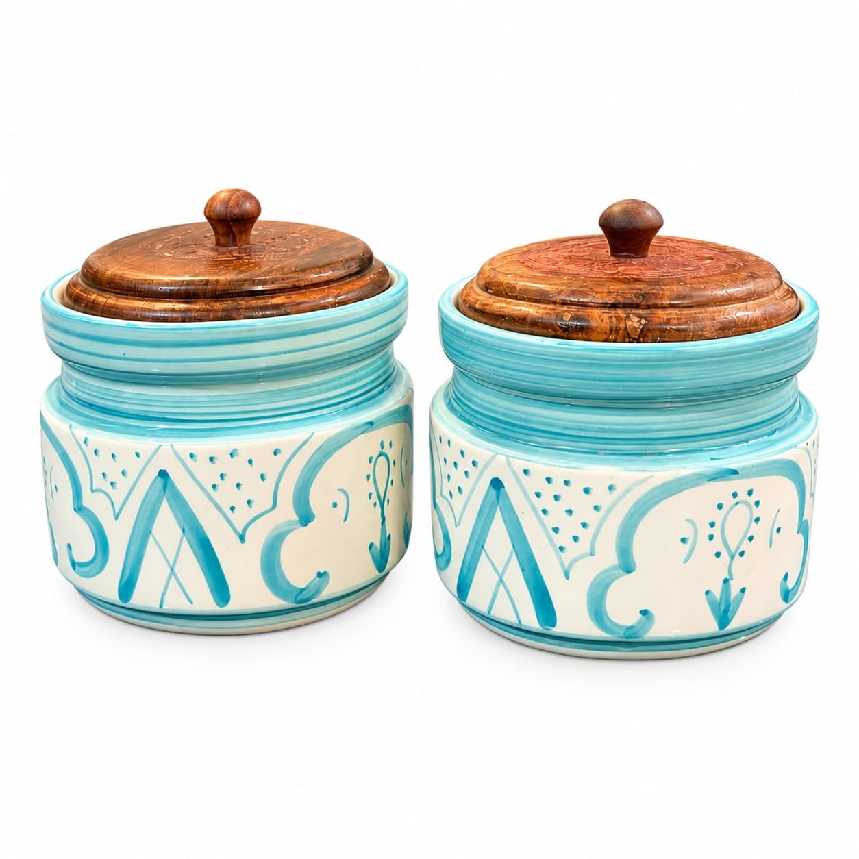 “Mrinmayi Ceramic Kitchen Canisters With Wooden Lids – Turquoise And Ivory Print (Set Of 2)” - Description For This Title
